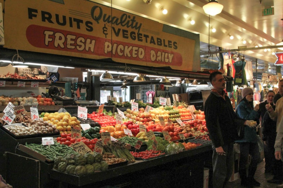 A photo of the vegetable stand in Pike Place Market, Seattle.