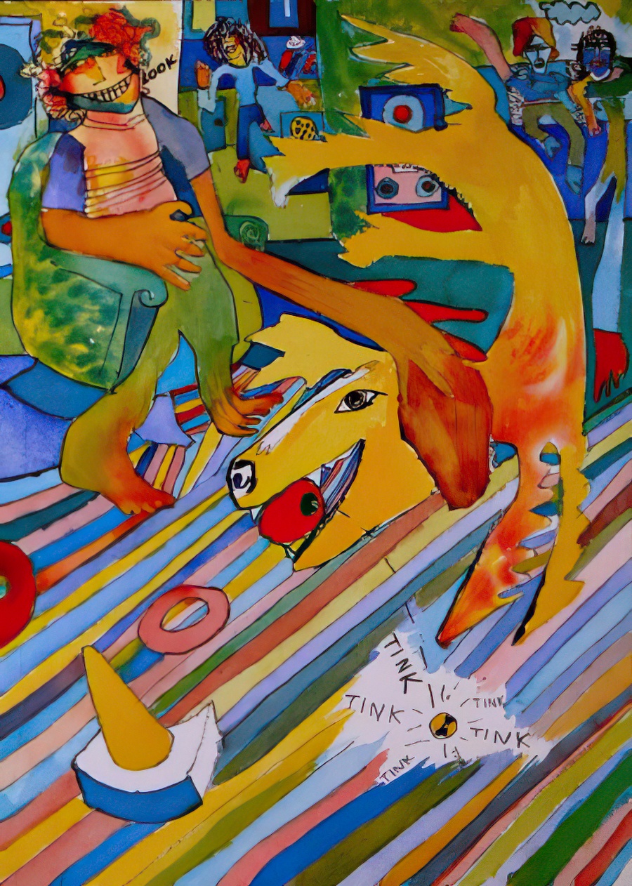 A colorful gouache on paper painting of family and friends indoors.